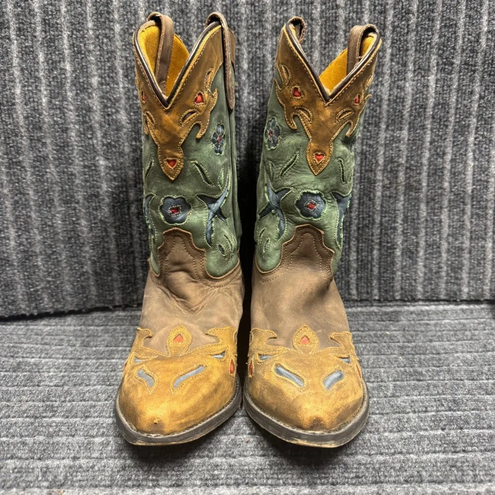 Danpost Western Cowboy Boots 5.5D Brown Green Floral Embroidery DPC-3151 Good